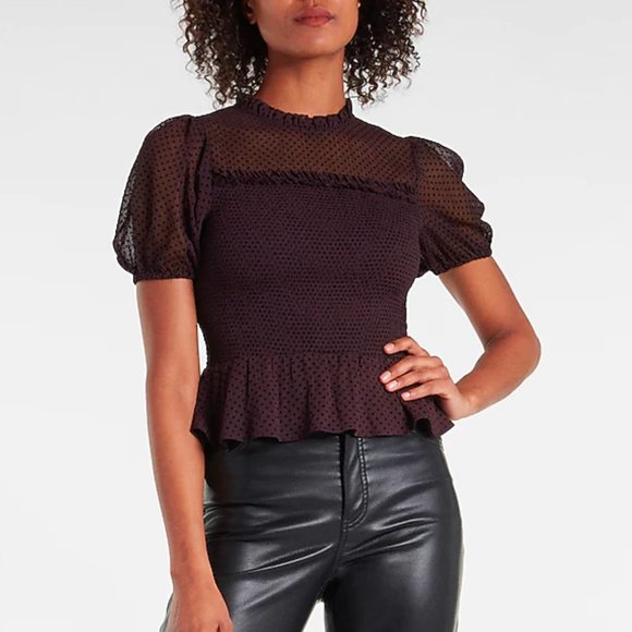 Express Tops - Express Polka Dot Smocked Peplum Top in Dark Purple
